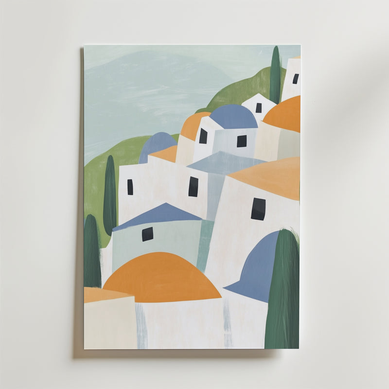 Bozetto Pastel Promises Poster föreställer minimalistiska vita byggnader med blå och orange kupoler, gröna träd och pastellfärgade kullar som för tankarna till en medelhavsby. Tryckt på premiumpapper och FSC-certifierad för hållbarhet.