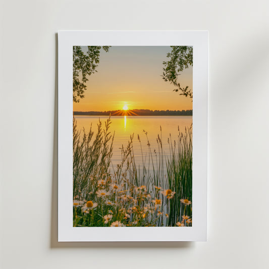 Golden Hour By The Lake Poster by Bozetto föreställer en lugn sjökant i solnedgång med högt gräs, vildblommor och trädgrenar på FSC-certifierat premiumpapper med högkvalitativ finish.