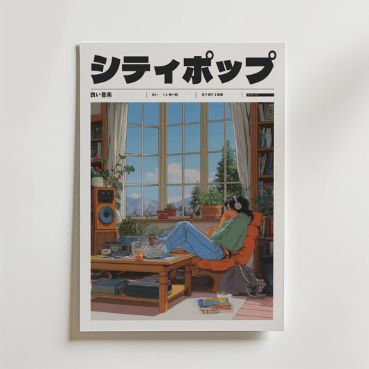 Alpine Frequency Poster by Bozetto föreställer ett mysigt vardagsrum med en person i en soffa som med hörlurar på njuter av inre frid. Böcker, växter och skivor omger dem medan träd och berg dyker upp i fönstret. Japansk text toppar omslaget.