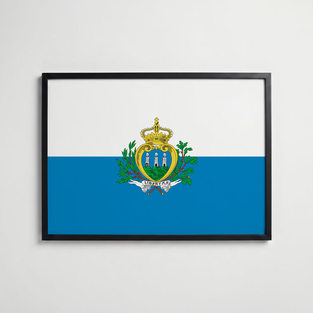 San Marino National Flag Poster i svart ram – stilren konsttryck som väggdekor från Bozetto