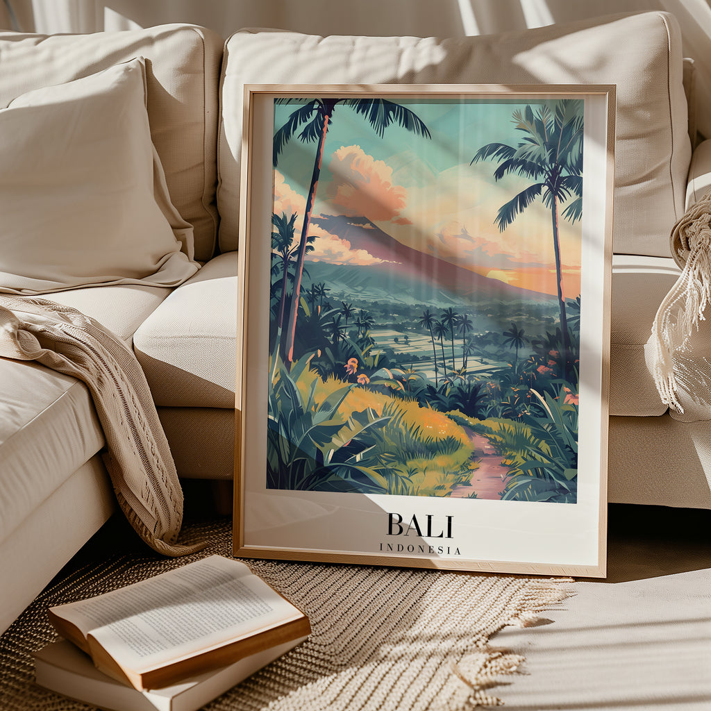 Väggmockup av The Bali affisch på ljus tegelvägg – Bozetto konsttryck i hög tryckkvalitet