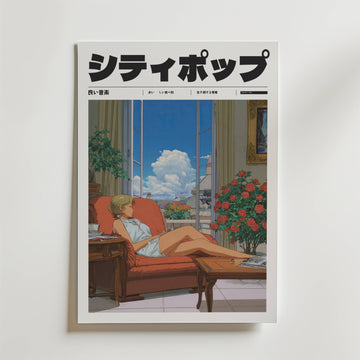 På Window Breathes Poster från Bozetto syns en illustration av en kvinna som slappnar av på en soffa i ett solbelyst, blomsterfyllt rum med utsikt över staden. Den djärva japanska titeln förstärker den stilla skönheten och rosdoftsstämningen.