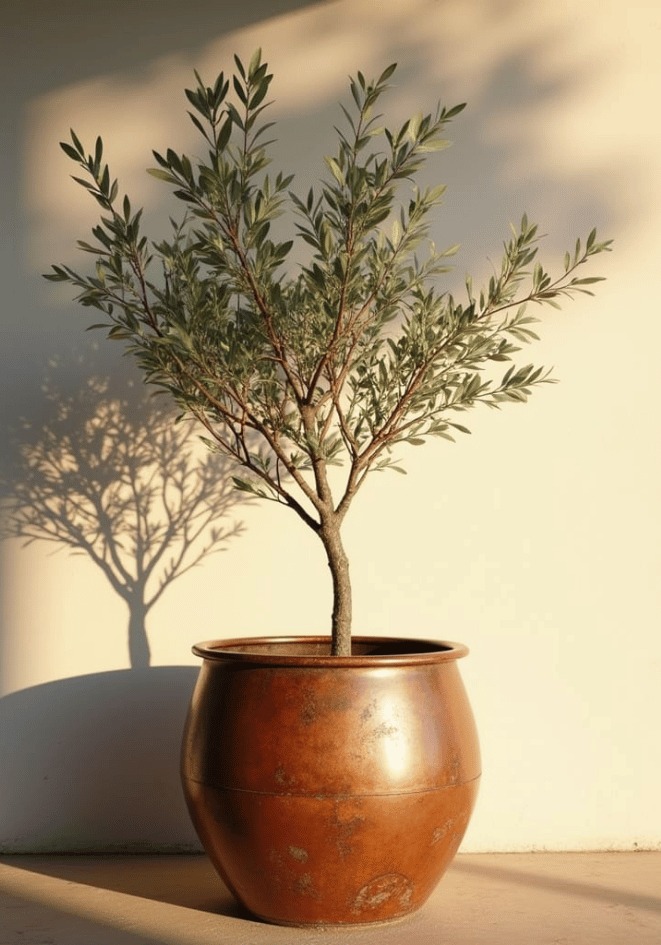 Potted olive tree in rustic poster visad rakt fram – Bozetto affisch i hög tryckkvalitet