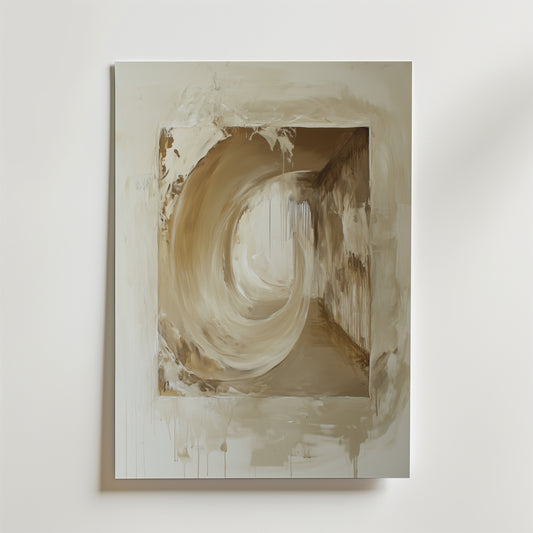 Abstract Passage Poster by Bozetto har abstrakta virvlar och geometriska former i beige och brunt, med cirkelrörelser som övergår i en rektangel, accentuerat av droppar och texturerade penseldrag på premiumpapper.