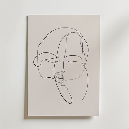 En minimalistisk linjeteckning av ett lugnt människoansikte, gjord med en enda svart linje på premiumpapper, definierar Bozetto United Souls Poster - ett elegant konstverk som kan visas på en vit vägg.