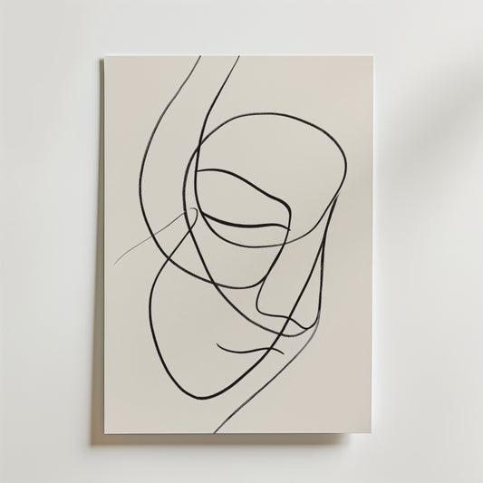 Contemplation Flow Poster från Bozetto visar en minimalistisk linjeteckning av ett ansikte på premiumpapper, med abstrakta kontinuerliga svarta linjer som bildar slutna ögon, näsa och läppar - vilket framkallar lugn i alla utrymmen.