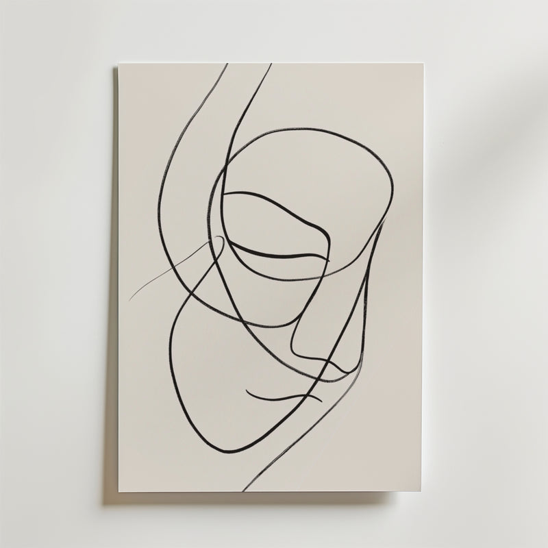 Contemplation Flow Poster från Bozetto visar en minimalistisk linjeteckning av ett ansikte på premiumpapper, med abstrakta kontinuerliga svarta linjer som bildar slutna ögon, näsa och läppar - vilket framkallar lugn i alla utrymmen.