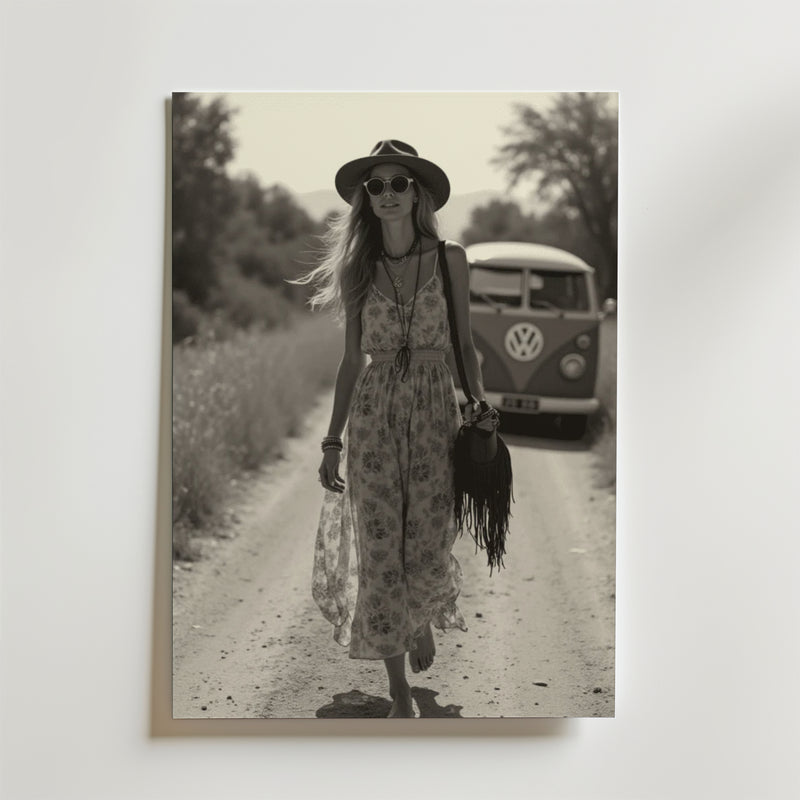 Old School Roadtrip Poster by Bozetto föreställer en kvinna i blommig klänning och hatt, barfota på en grusväg med en vintage VW van bakom sig. Detta nostalgiska svartvita foto är vackert tryckt på premiumpapper.