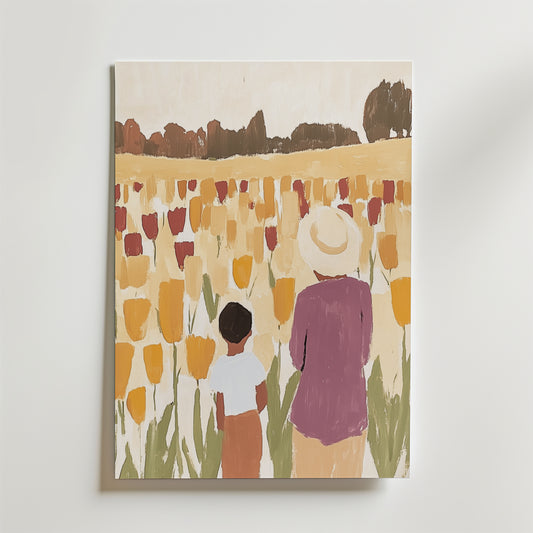 Bozetto Lily of the Valley Poster visar en vuxen och ett barn bakifrån i ett fält av tulpaner. Postern är tryckt på FSC-certifierat premiumpapper och är en perfekt dekorationsdetalj för ditt hem.