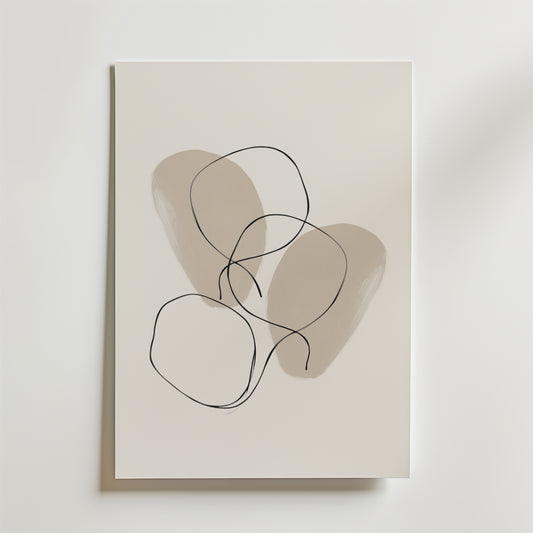 Linear Harmony Poster by Bozetto har minimalistisk abstrakt konst med två mjuka beige former och tre överlappande svarta linjeslingor, tryckt på premiumpapper för en lyxig matt finish.