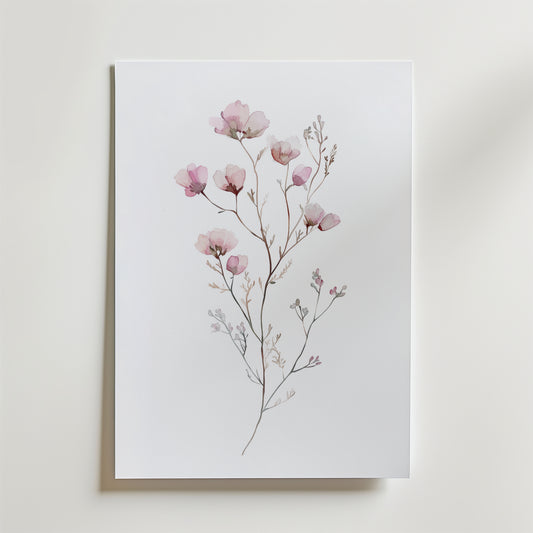 Bozetto White Rose Elegance No.2 Poster föreställer fina rosa blommor med tunna stjälkar och små blad på en vit bakgrund, tryckt på matt premiumpapper och placerad mot en vit yta.