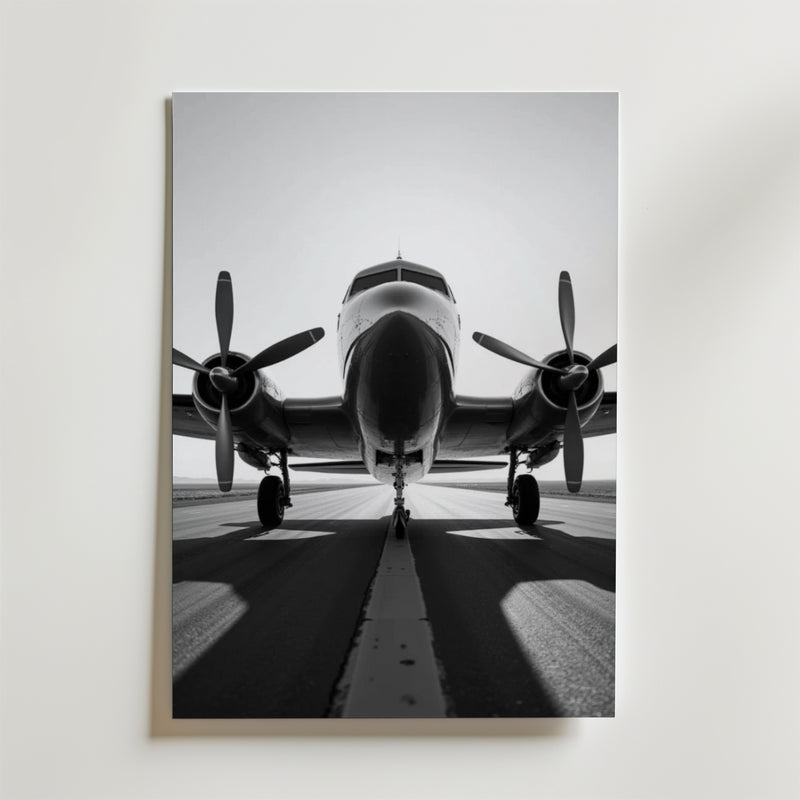 Bozetto Vintage Airplane Poster visar ett svartvitt propellerflygplan på landningsbanan framifrån med båda motorerna synliga. Tryckt på FSC-certifierat premiumpapper med lyxig matt yta.