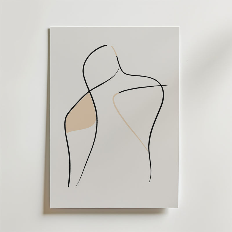 Bozetto Soft Curves Poster visar flytande svarta och beige linjer som skisserar en mänsklig torso på premium matt papper, vilket skapar en sofistikerad, minimalistisk abstrakt konsttryck för alla utrymmen.