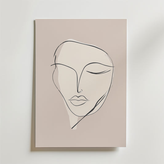 Bozetto Serenity Line Face Poster föreställer ett lugnt ansikte med slutna ögon i enkla svarta konturer och mjuka skuggningar på premiumpapper med matt finish, vackert placerad mot en ljus vägg.