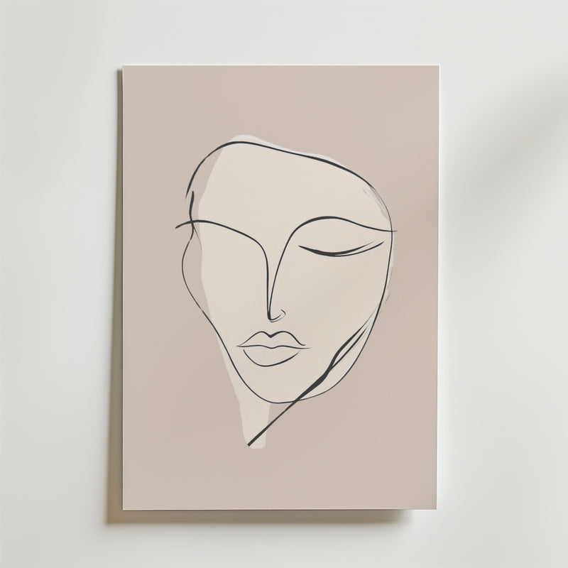 Bozetto Serenity Line Face Poster föreställer ett lugnt ansikte med slutna ögon i enkla svarta konturer och mjuka skuggningar på premiumpapper med matt finish, vackert placerad mot en ljus vägg.