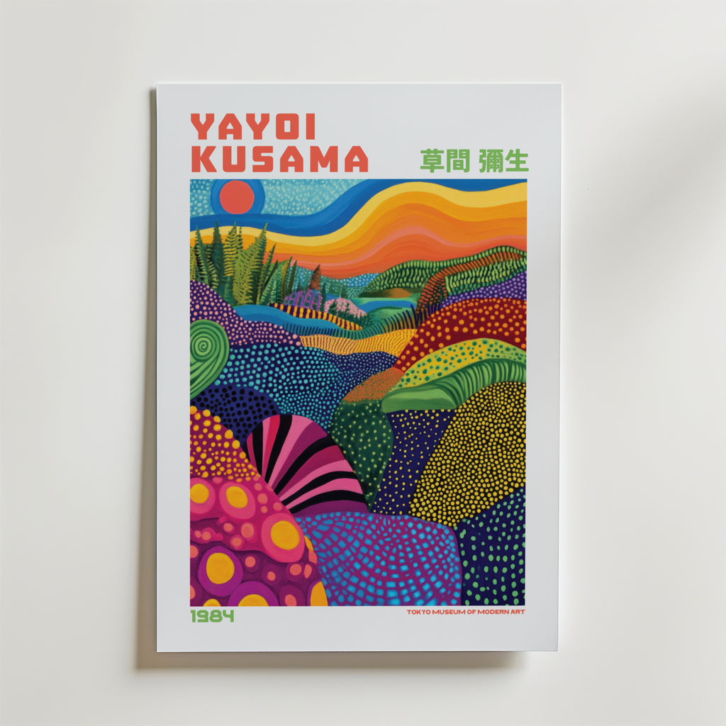 Mockup av Yayoi Kusama Endless Color affisch på vägg – köp enkelt hos Bozetto i hög kvalitet