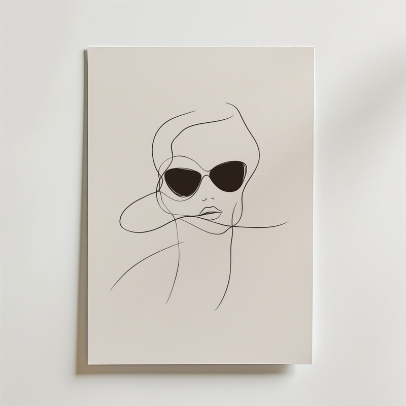 Bozetto Chic Vibes Line Art Poster har en minimalistisk linjeteckning av en person med överdimensionerade solglasögon och böljande hår, vilket skapar en lugn och elegant look - perfekt för att ge en chic touch till ditt rum med sin ljusa bakgrund.