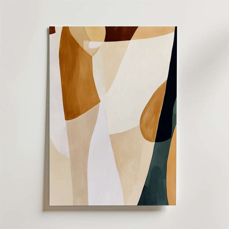 Bozetto Where We Begin Abstract Poster har överlappande böjda former i jordnära toner på premiumpapper, vilket skapar en modern look. Placerad på en vit vägg ger den en elegant, organisk accent till alla utrymmen.