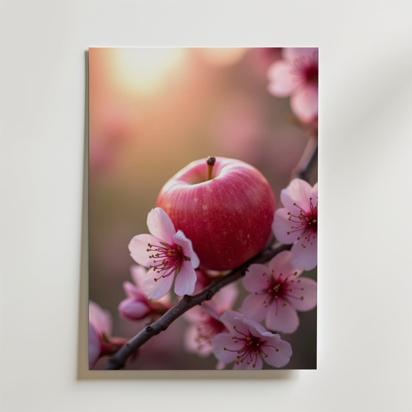 Apple Bloom Poster från Bozetto föreställer ett rött äpple bland rosa körsbärsblommor på en gren, mot en drömsk vårbakgrund - ett perfekt tillägg av hög kvalitet till ditt rum.