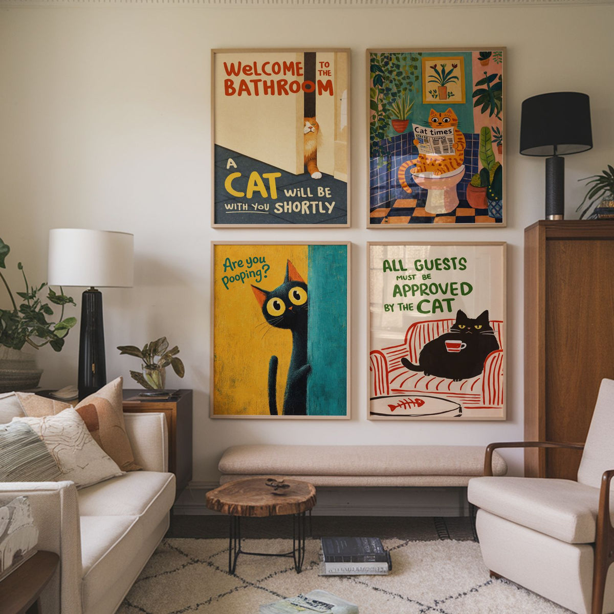 Bundle 4-pack Cat Rules & Bathroom Humor – kuraterad postercollection som lyfter hemmet hos Bozetto
