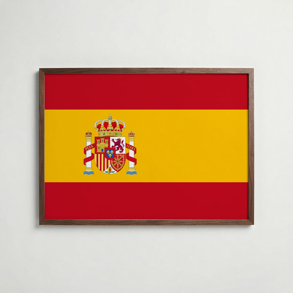 Spain National Flag Poster i valnötsram – varm konstaffisch för hemmet från Bozetto