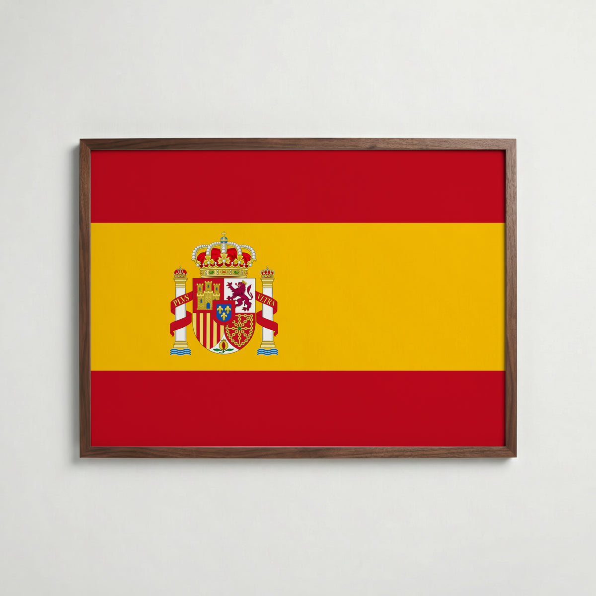 Spain National Flag Poster i valnötsram – varm konstaffisch för hemmet från Bozetto