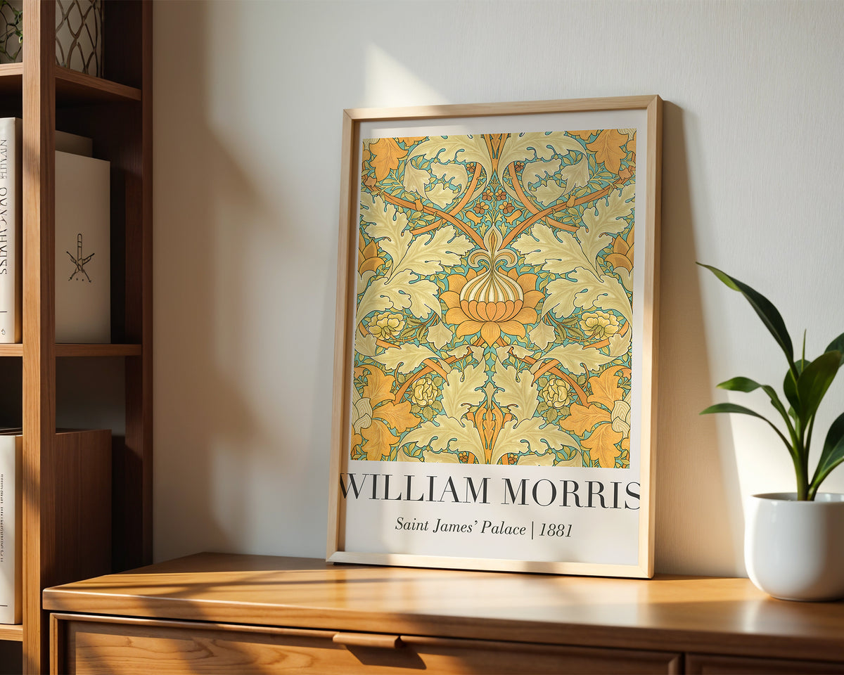 Mockup av William Morris Saint James' affisch på vägg – köp enkelt hos Bozetto i hög kvalitet