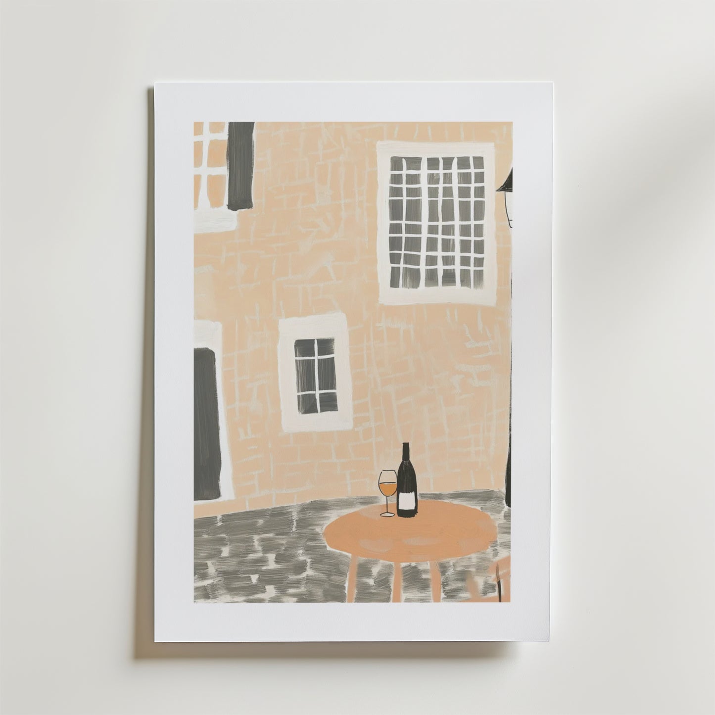 The Afternoon In Paris Poster by Bozetto visar minimalistisk konst av en vinflaska och ett glas på en kullerstensgata, med en persikobyggnad, tryckt på FSC-certifierat premiumpapper för en lyxig matt yta.