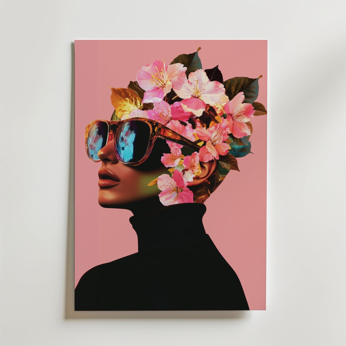 En chic figur i svart polotröja och stora solglasögon visas i profil mot rosa, med huvudet krönt av rosa och persikofärgade blommor - en Floral Sunglasses Portrait Poster från Bozetto, tryckt på premiumpapper med en lyxig matt finish.
