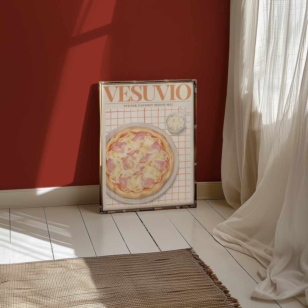 Vesuvio affisch ovanför säng i minimalistiskt och stilrent sovrum – Bozetto i hög tryckkvalitet
