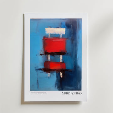 L'abstraction Émotionelle Mark Rothko Poster by Bozetto har röda och vita rektanglar mot en blå bakgrund, tryckt på FSC-certifierat premiumpapper med konstnärens namn längst ner till höger.
