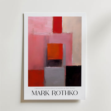 Depth Between Lines Mark Rothko Poster by Bozetto har djärva abstrakta block i rött, rosa, orange, grått och svart på FSC-certifierat premiumpapper med lyxig matt yta, med "MARK ROTHKO" och en fransk undertext längst ner.