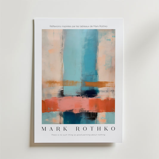 Bozetto "Between Sky & Sleep Mark Rothko Poster" har en abstrakt minimalistisk design i mjukt blått, persika och orange på FSC-certifierat premium matt papper, med "MARK ROTHKO", ett citat och en fransk undertitel som refererar till hans konst.