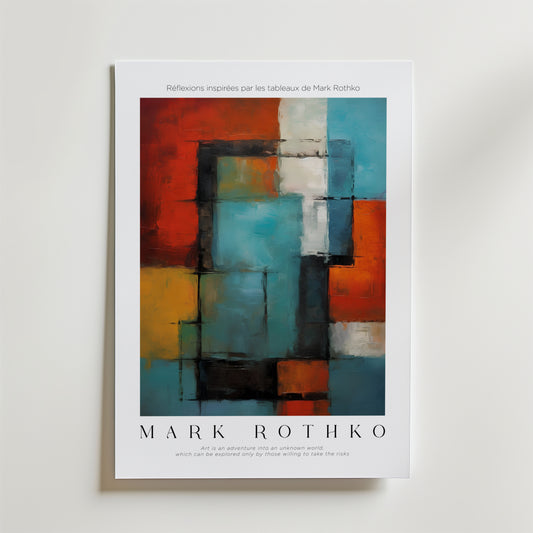 Bozetto Rhythmic Blocks Mark Rothko Poster visar abstrakta former i rött, svart, blått och orange på FSC-certifierat premiumpapper, med "MARK ROTHKO" och ett citat från art & discovery nedanför.