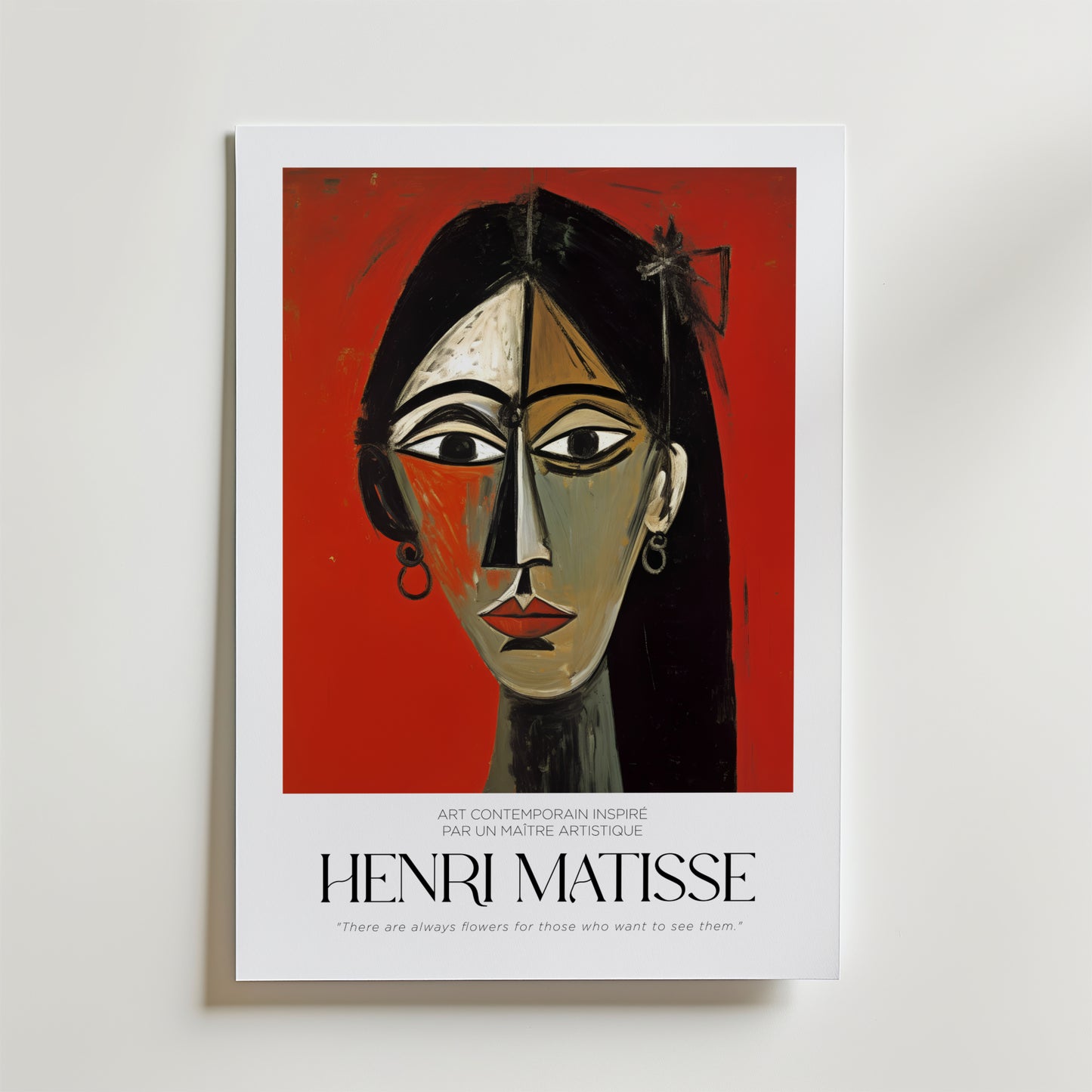 The Two Sides of Her Matisse Poster by Bozetto föreställer ett kubistiskt porträtt av en kvinna i rött, tryckt på FSC-certifierat premiumpapper, med "Henri Matisse" och citatet "There are always flowers for those who want to see them.