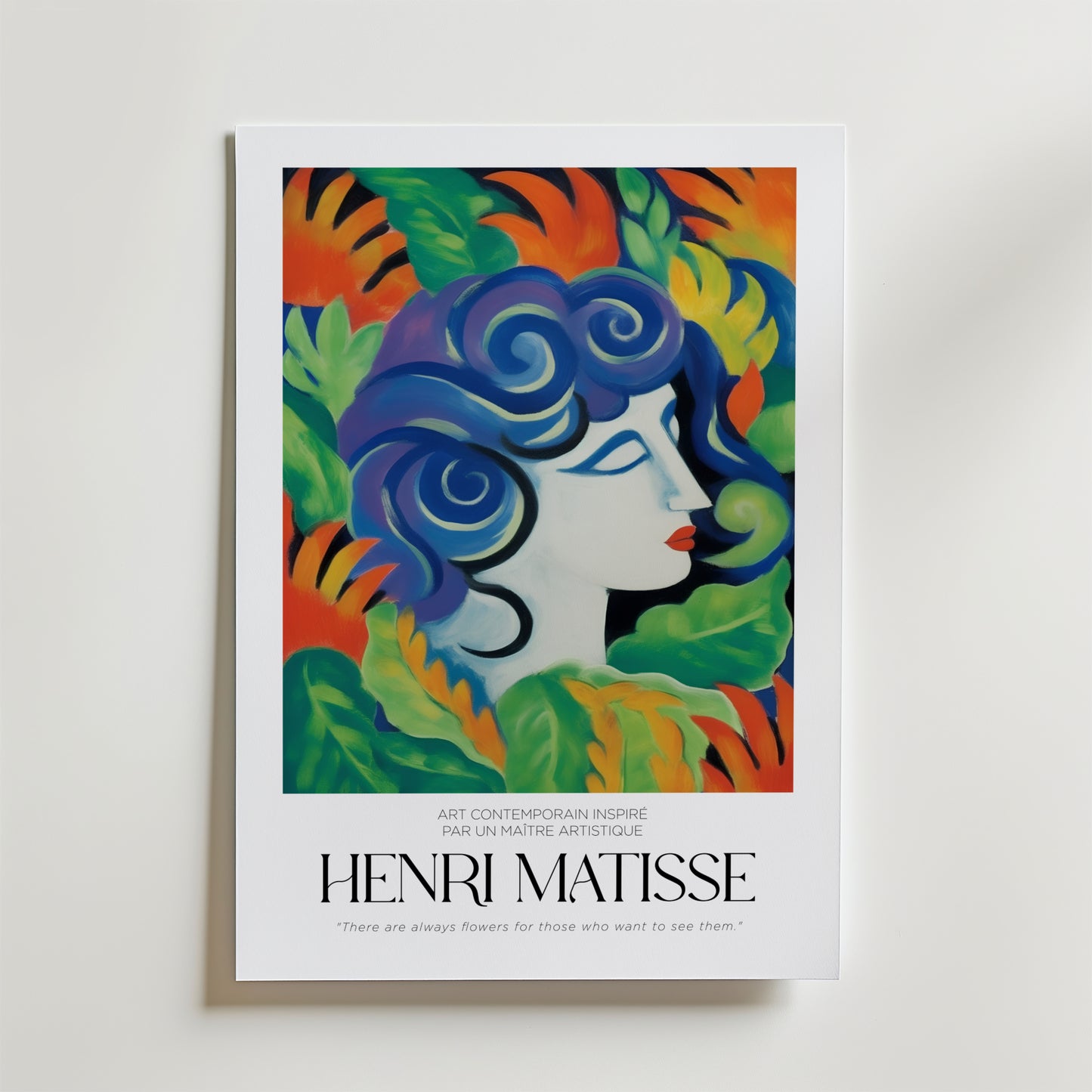 La Muse Végétale Matisse Poster från Bozetto visar ett färgstarkt porträtt av en kvinna med blått hår bland gröna, orangea och gula blad, med "Henri Matisse" och ett citat om naturens skönhet nedanför.