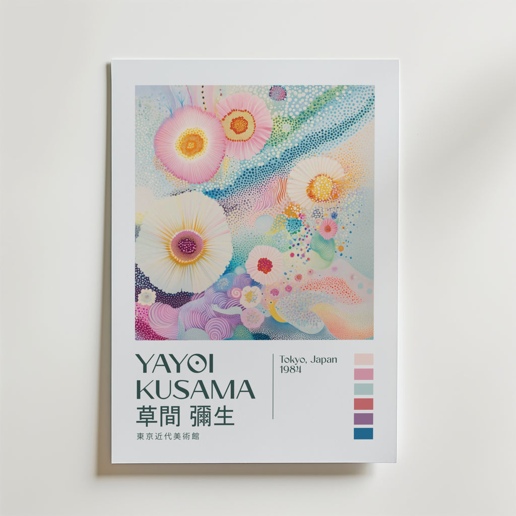 Mockup av Yayoi Kusama Ethereal Bloom affisch på vägg – köp enkelt hos Bozetto i hög kvalitet