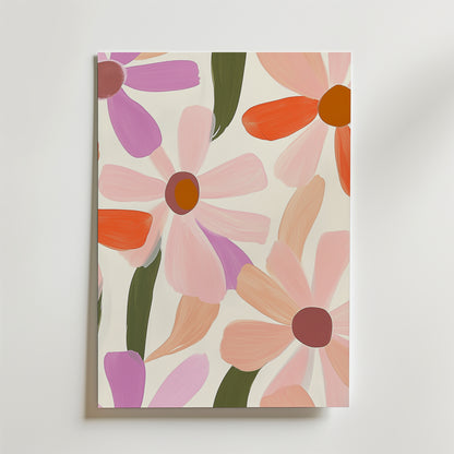 Bozetto Floral abstract daisy design Poster har ett modernt konstverk med stora, färgglada blommor i rosa, orange och lila med gröna blad på en ljus bakgrund - perfekt för att ge en levande touch till alla utrymmen.