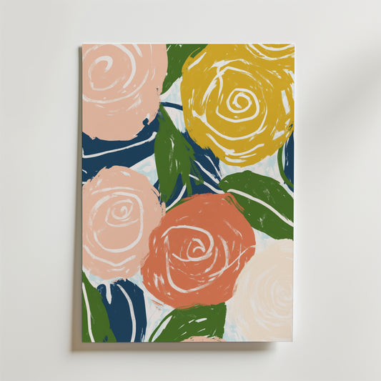 Lys upp ditt rum med Floral Harmony Poster från Bozetto - en livfull abstrakt av rosa, gula och orange rosor med gröna blad och virvlande penseldrag på vit botten som skapar en harmonisk atmosfär i alla rum.