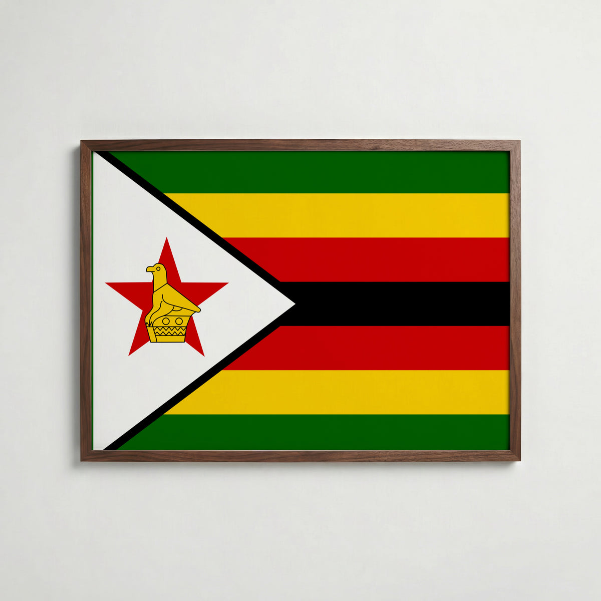 Zimbabwe National Flag Poster i valnötsram – varm konstaffisch för hemmet från Bozetto