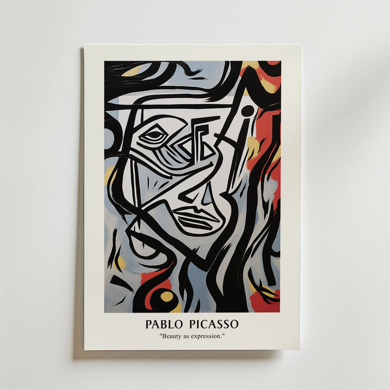 Postern Picasso Layers Of Emotion från Bozetto visar abstrakt konst i Picasso stil med geometriska former, uttrycksfulla ansikten och abstrakta linjer i rött, gult, grått och blått. Texten nedanför lyder "Pablo Picasso" och "Beauty as expression".