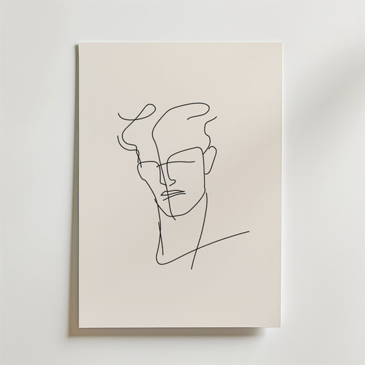 Bozettos Modern Line Art Man Poster har en minimalistisk linjeteckning av en mans ansikte och nacke, med abstrakta svarta linjer, vågigt hår och en ljus bakgrund, tryckt på FSC-certifierat premiumpapper.