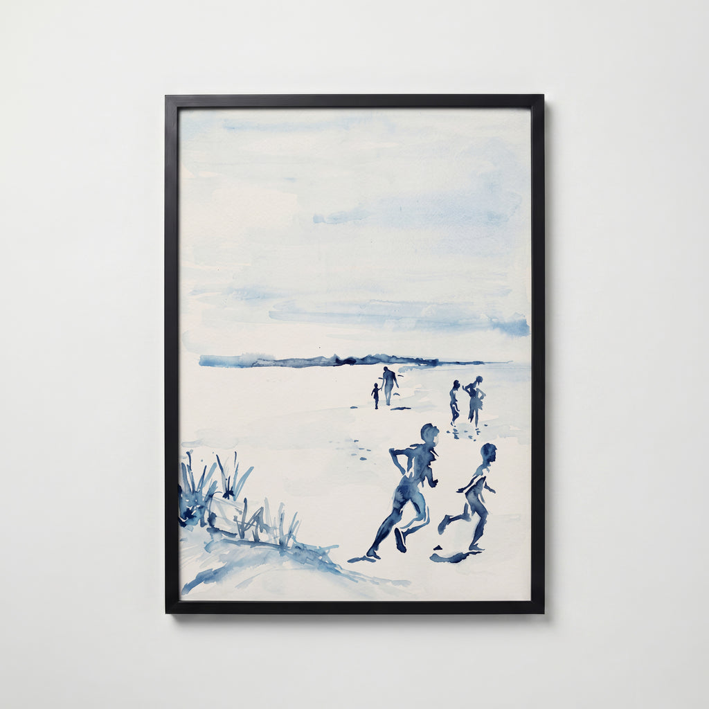 Indigo Shore Poster, strandmotiv i blå akvarell i svart ram, konsttryck från Bozetto