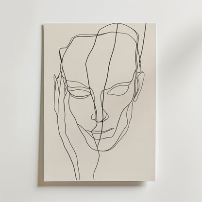 Mind Reflection Poster från Bozetto har en minimalistisk linjeteckning av ett mänskligt ansikte och en hand på premiumpapper med enkla svarta linjer. Detta eleganta konstverk visas monterat på en ljus vägg.