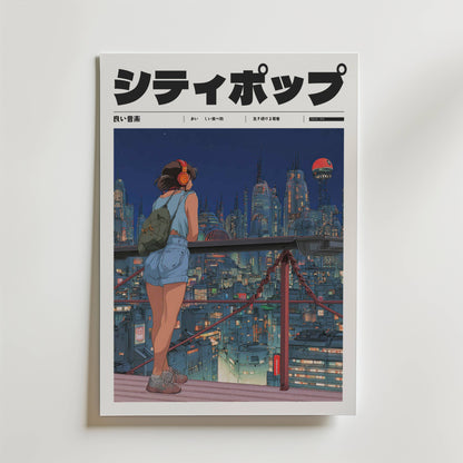 Tokyo Afterlight Poster av Bozetto visar en tjej i shorts och hörlurar som tittar på en neonupplyst futuristisk stad på natten. Den japanska titeln, de lysande skyskraporna och de livfulla färgerna skapar en energisk sci-fi-stämning.
