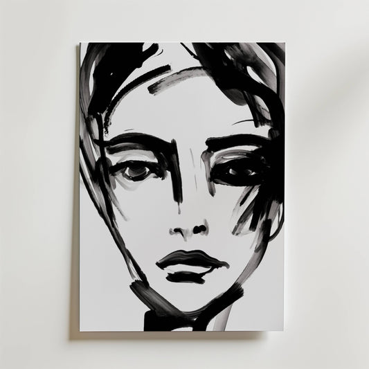 Silent Gaze Poster från Bozetto har ett minimalistiskt svartvitt porträtt av ett kvinnoansikte i djärva penseldrag med uttrycksfulla abstrakta detaljer - perfekt som modern väggkonst för alla rum.