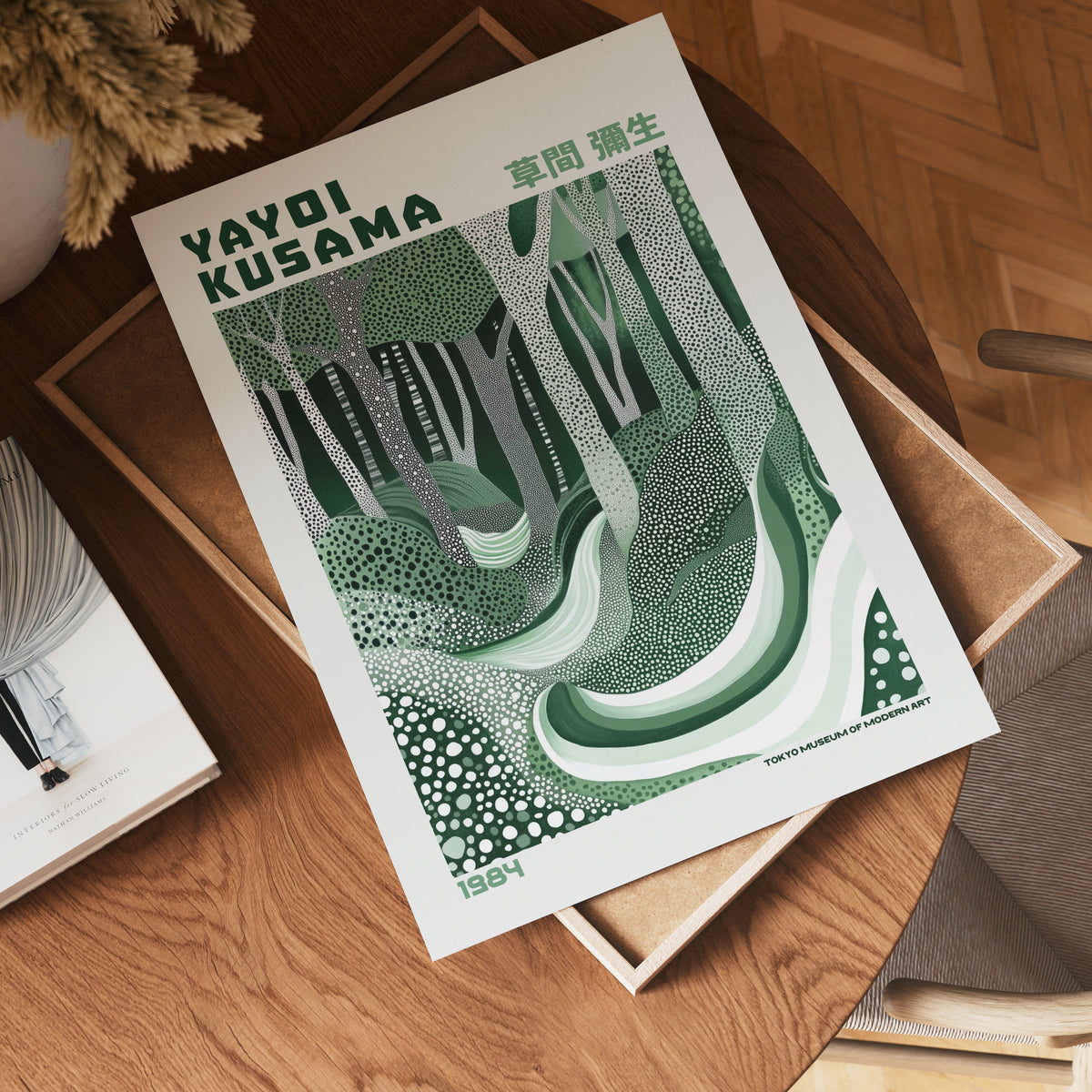 Väggmockup med Yayoi Kusama Forest of – köp enkelt hos Bozetto affisch i hög kvalitet