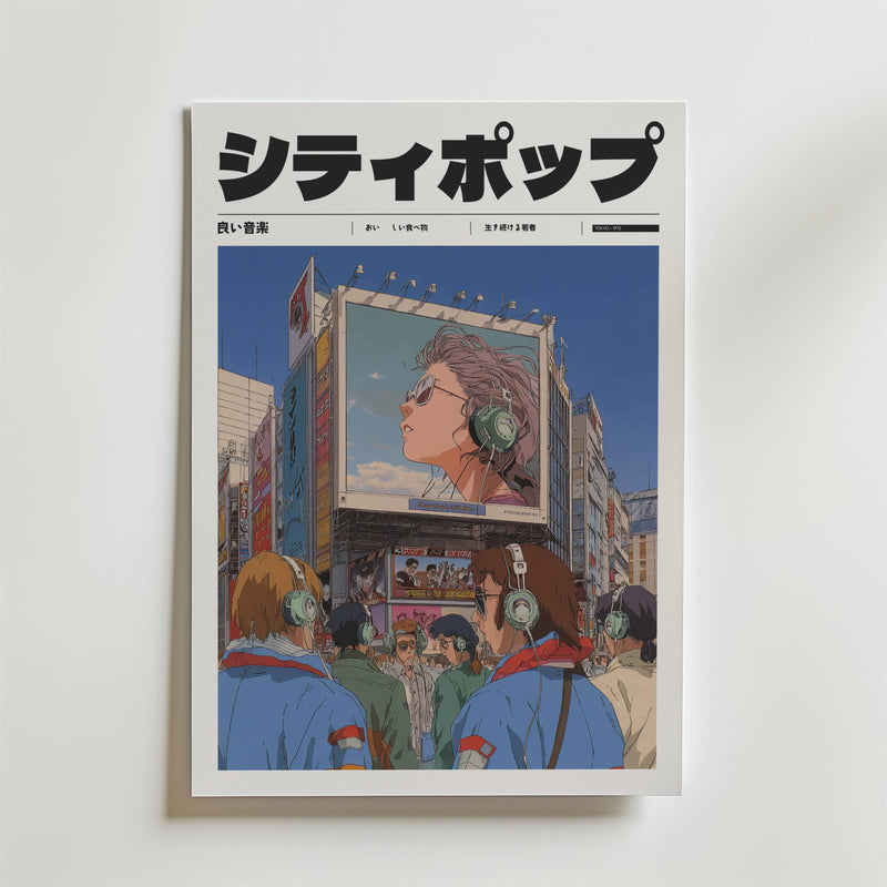 Girl on the Screen Poster av Bozetto föreställer animerade figurer som bär hörlurar i Tokyo och tittar på en neonbelyst skärm med en kvinna i solglasögon. Japansk text toppar designen, med stadsbyggnader i bakgrunden.