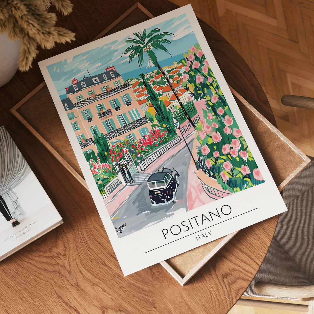 Positano Coastal Garden View – stilfullt konsttryck från Bozetto, tryckt på matt finpapper