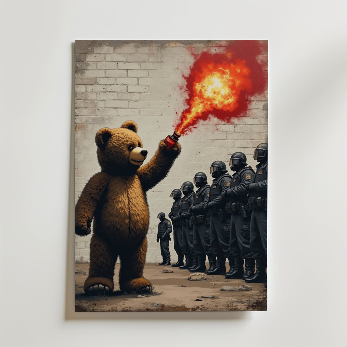 En person i nallebjörnsdräkt håller i en röd nödraket och möter kravallpolis nära en vit tegelvägg. Teddy Bear Flamethrower Poster by Bozetto är tryckt på premiumpapper och är FSC-certifierad för hållbarhet.